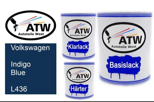 Volkswagen, Indigo Blue, L436: 1L Lackdose + 1L Klarlack + 500ml Härter - Set, von ATW Autoteile West.